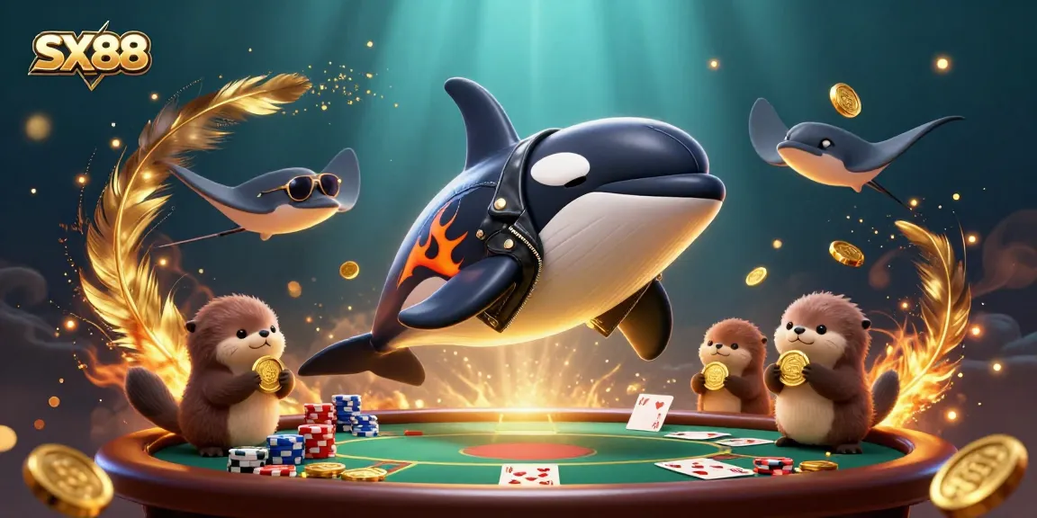 SX88 players enjoying vibrant online games with otters, whale, and stingray amidst casino elements.