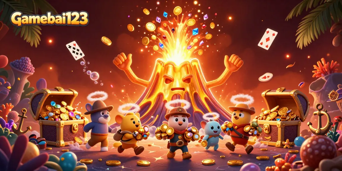 Experience the thrilling gamebai123 adventure with vibrant treasures and energetic gameplay in this vibrant illustration.