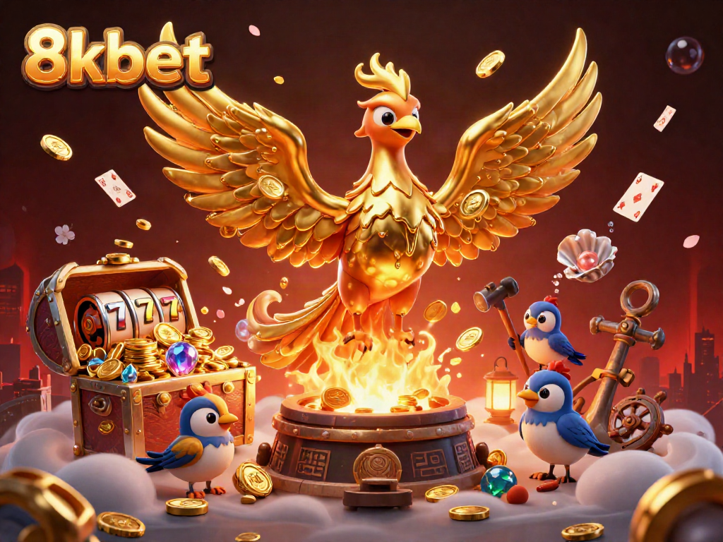 Experience thrilling wins with 8kbet's golden phoenix symbolizing fortune in this vibrant 3D casino scene.
