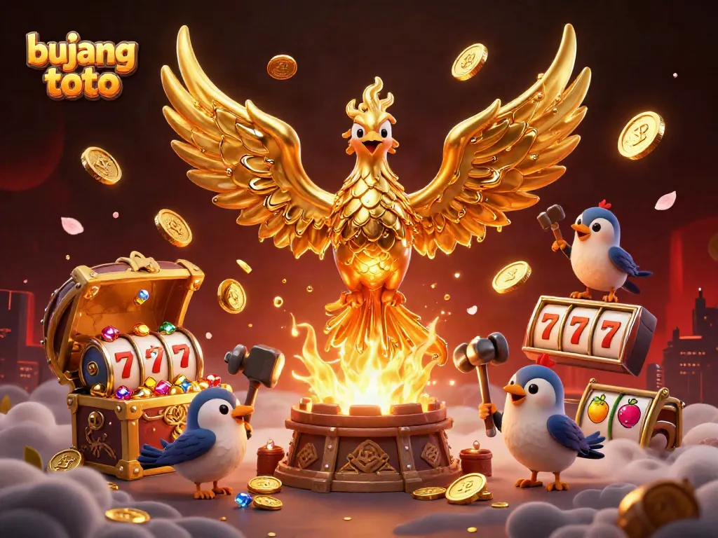 Engage with bujang toto's thrilling slot game atmosphere, featuring a molten gold phoenix and vibrant slot elements.