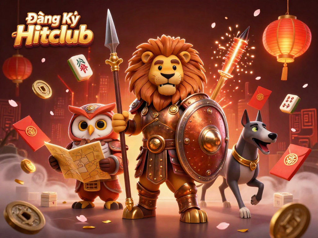 Experience the thrilling atmosphere of Đăng Ký Hitclub with a vibrant 3D digital illustration featuring characters and festive elements.