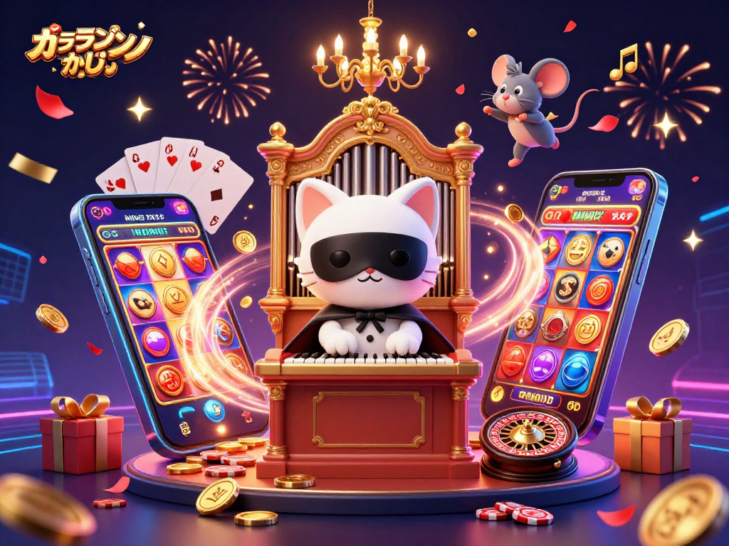 オンラインカジノでスロットゲームを楽しむファントムキャットが描かれた華やかなカジノのイラスト。