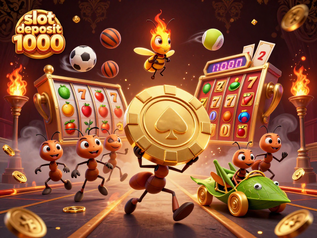 Engage with the excitement of slot deposit 1000 through an animated heist scene featuring ants and gaming elements.