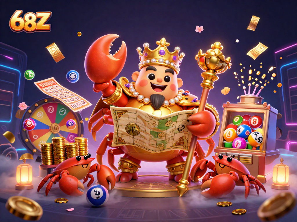 68Z captura a atenção com um imperador caranguejo dourado cercado por bolas de loteria e prêmios de bingo.