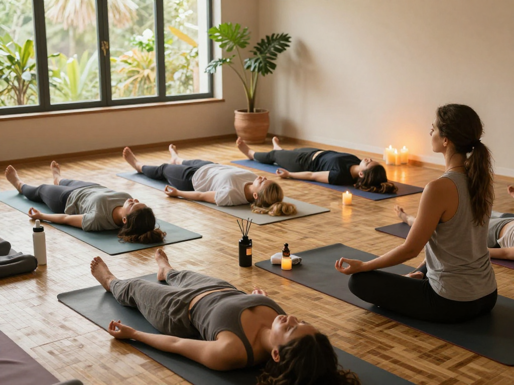 Group meditation practice promoting mantra88 in a peaceful yoga studio.