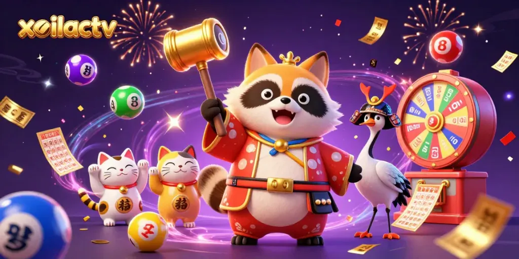 Experience excitement with xoilactv's vibrant illustration of cheerful characters celebrating gambling.