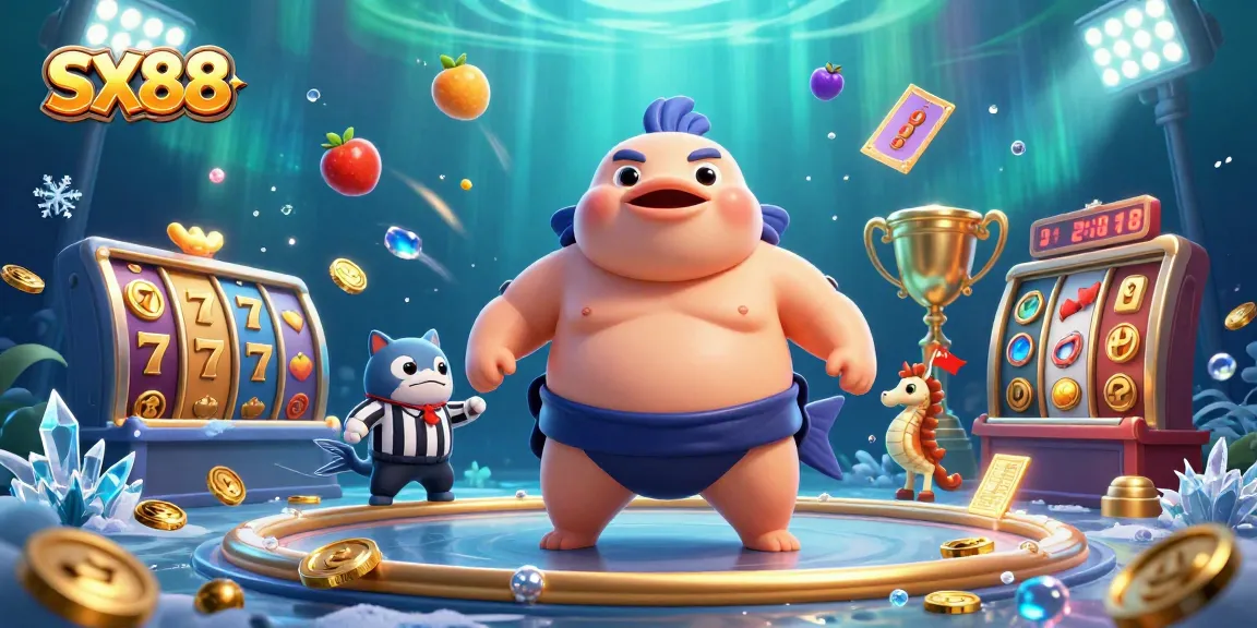 SX88 features a lively underwater casino scene with a fugu in a sumo belt and dynamic slot elements.