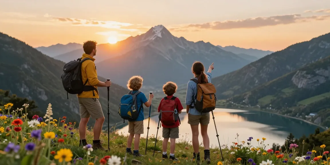 Family adventure at sunset in the mountains with mantra88 exploring nature.