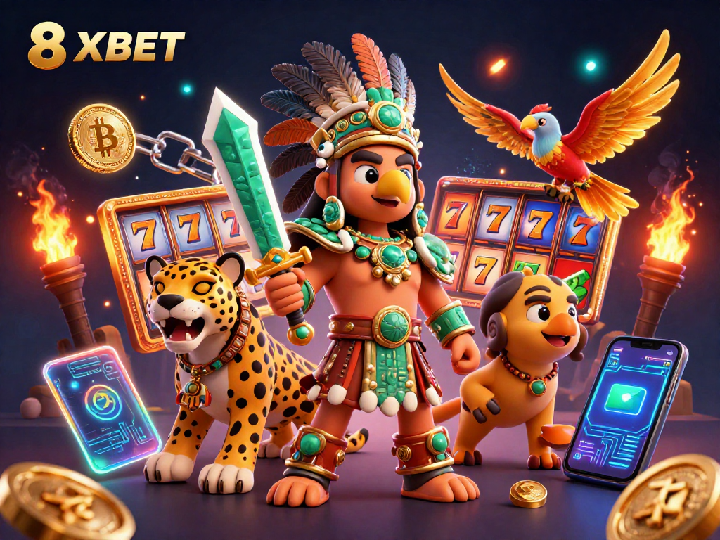 Experience thrilling gameplay at 8XBET with vibrant slot reels and a dynamic Aztec warrior scene.