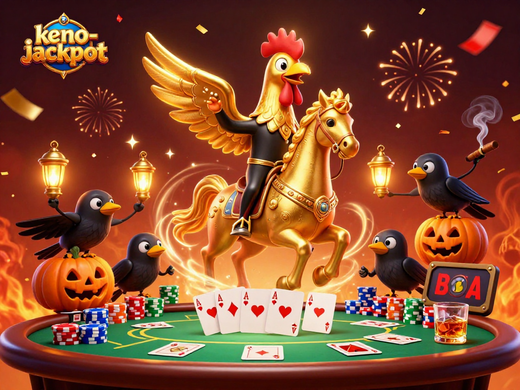 Experience thrilling keno-jackpot excitement as golden rooster and companions bring luck in a vibrant casino scene.