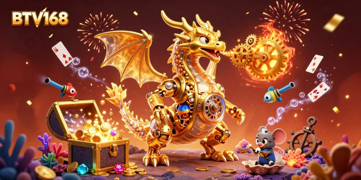 BTV168 invites gamblers with a mythical golden dragon and vibrant casino elements for an exciting experience.