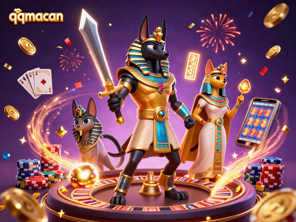 Experience the thrill of qqmacan with ancient Egyptian warriors and dynamic casino elements.