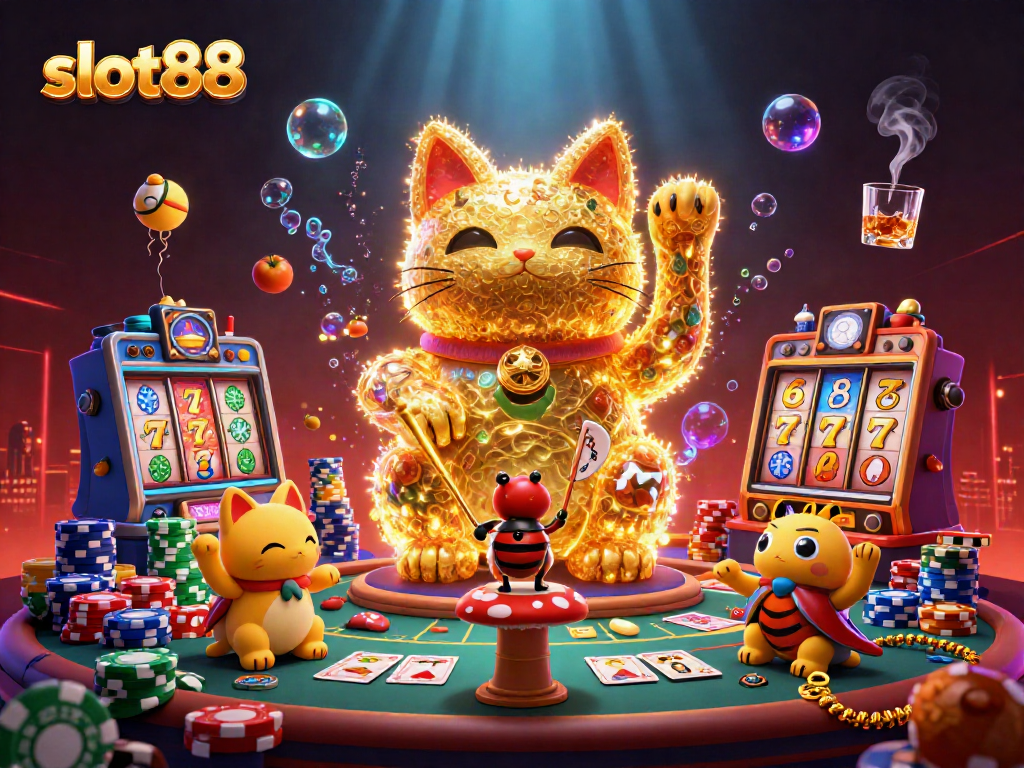 Experience the magic of slot88 with this vibrant, engaging 3D illustration filled with casino excitement.