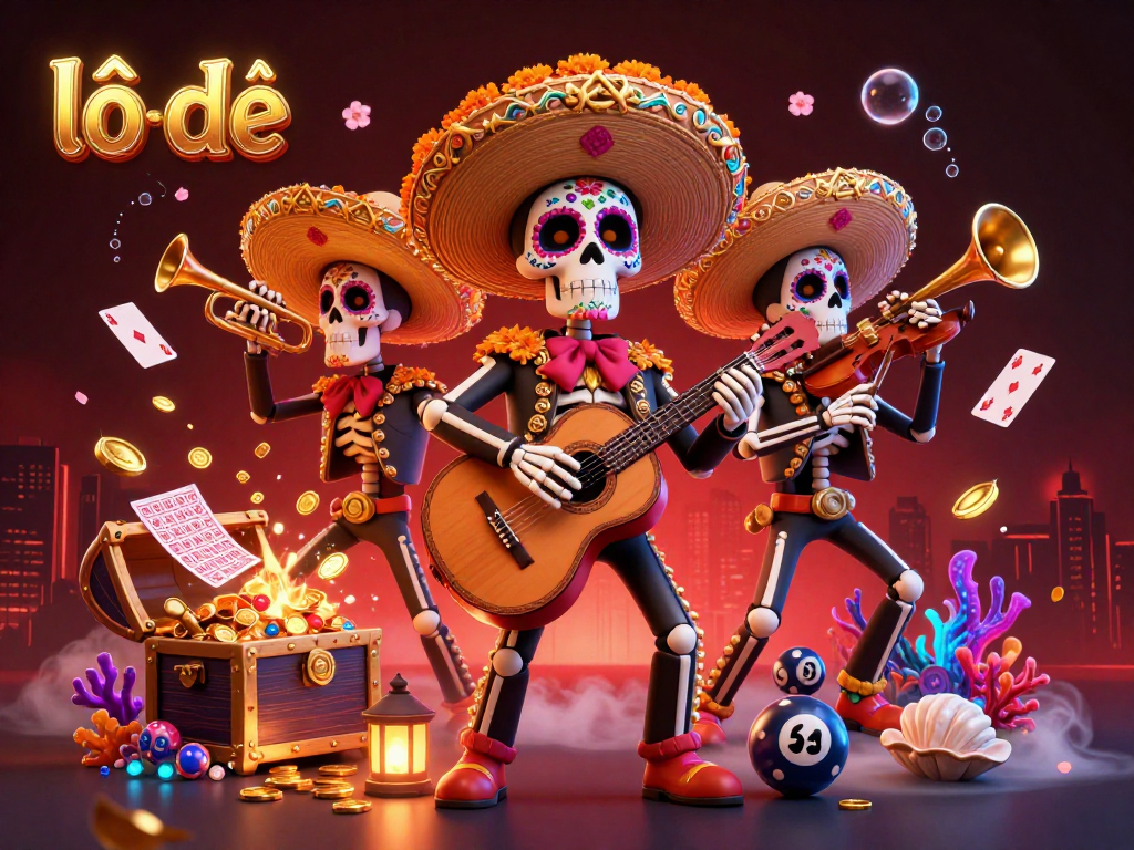 Engage with the exciting world of lô đề featuring a vibrant skeleton mariachi band surrounded by lottery games.