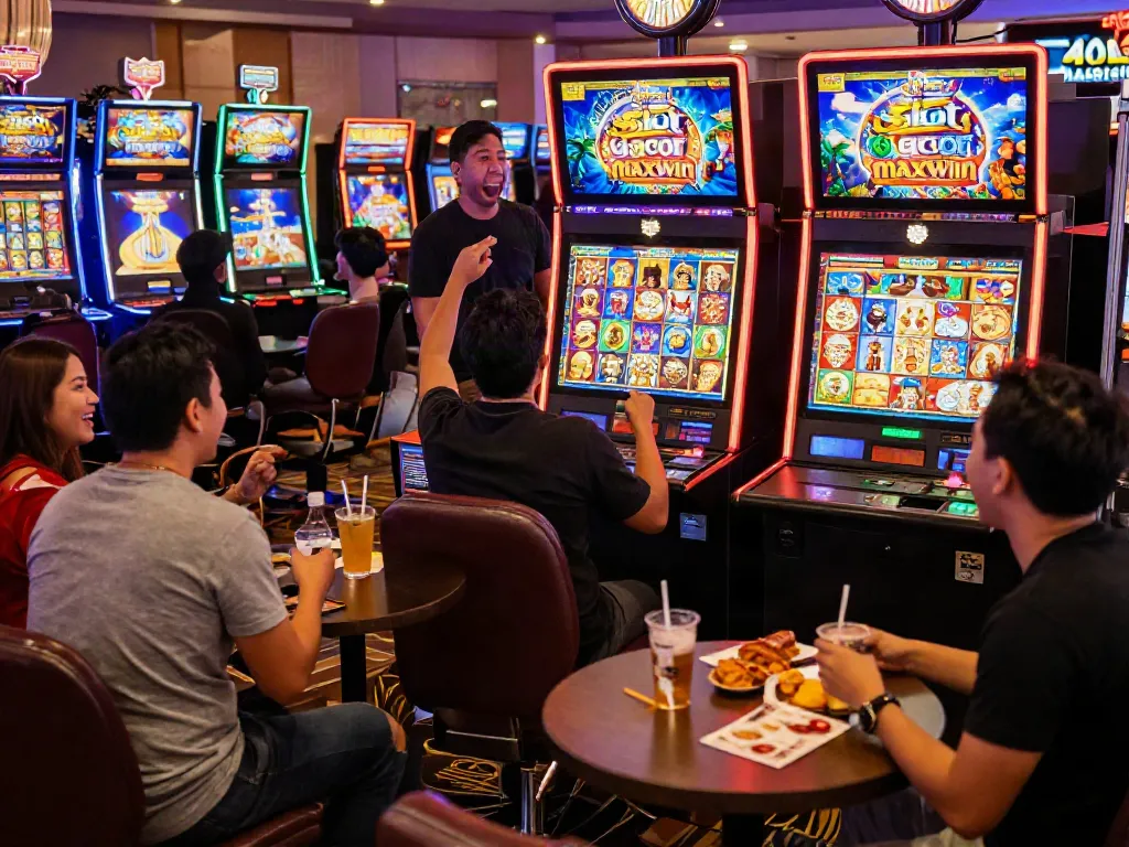 Players celebrating the excitement of winning on a slot gacor maxwin machine in a vibrant casino setting.