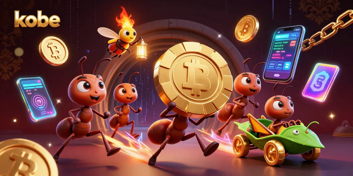 Kobe heist with cartoon ants, crypto coins, and a grasshopper driver in a vibrant casino scene.