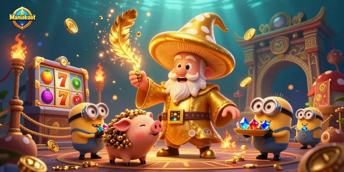 Experience the enchanting Maniakslot casino scene with magical characters and golden treasures.