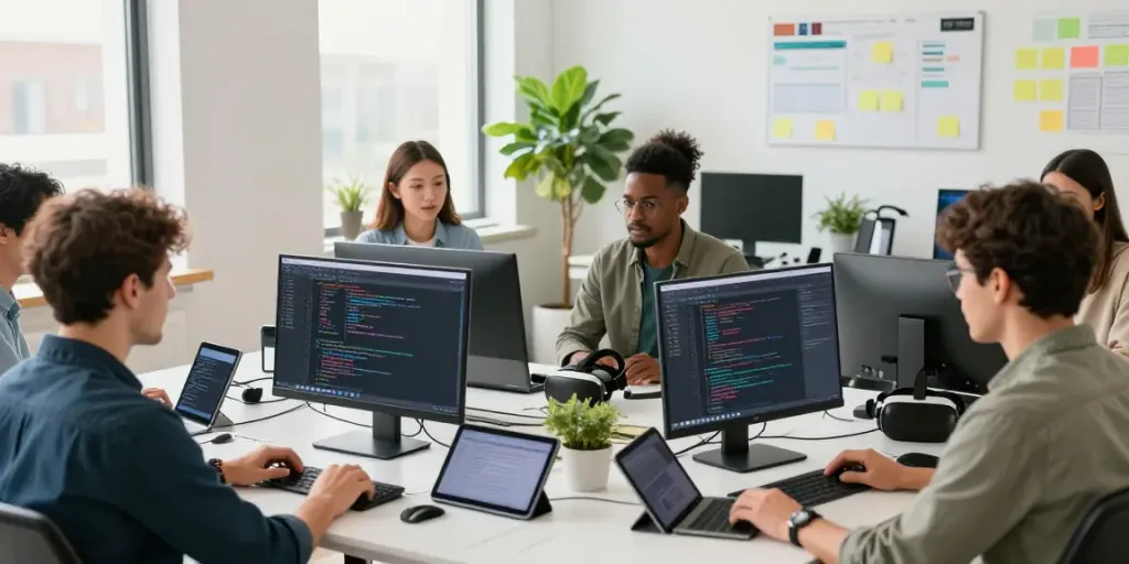 Dynamic tech workspace with developers coding at dual monitors, highlighting h5.2113.net apps.