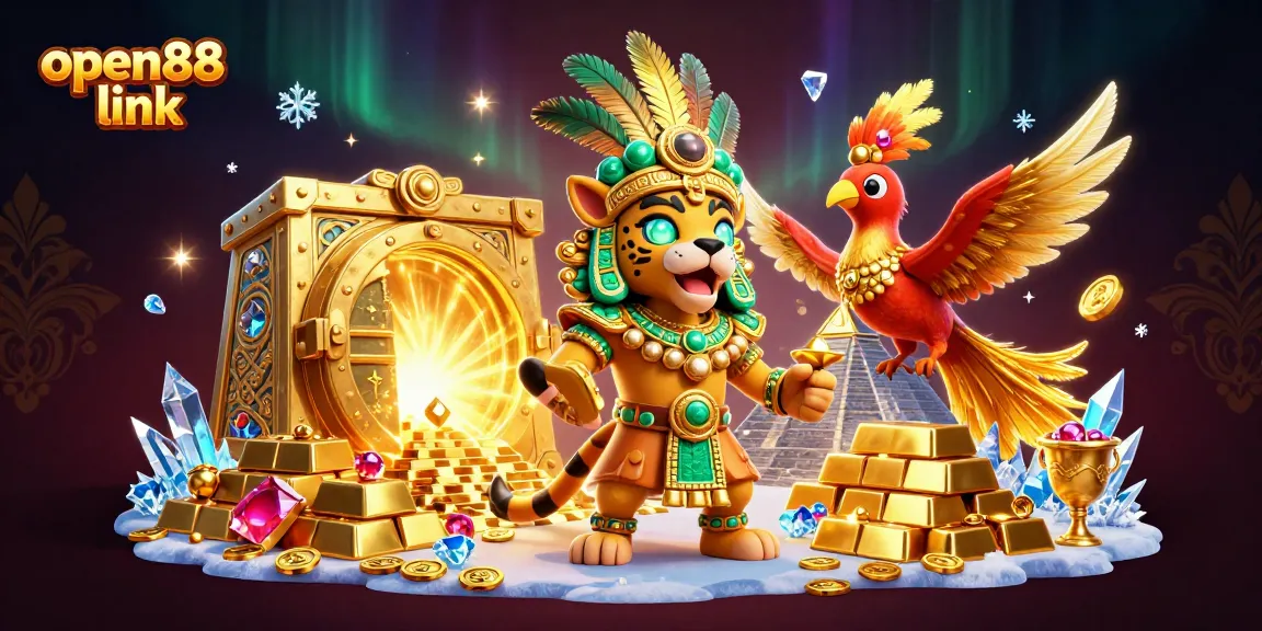Win big at open88 link with vibrant casino-themed 3D illustration, showcasing treasure and fortune.