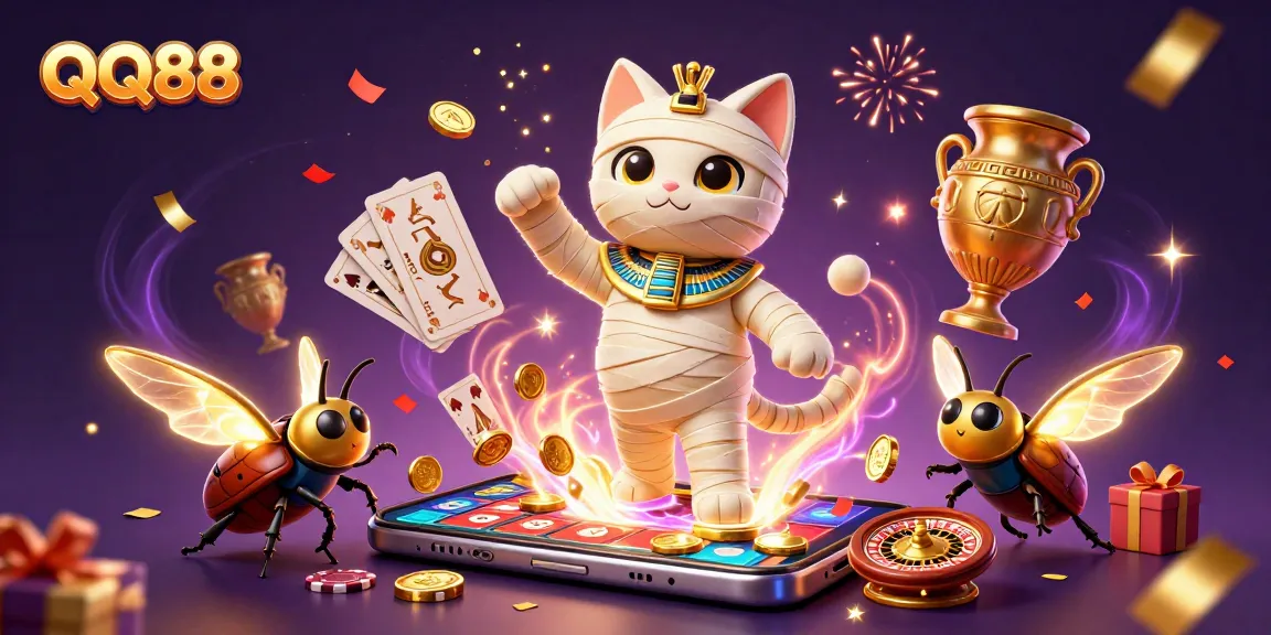 Spin reels at QQ88 casino with a mummy cat and scarab beetle in a vibrant pyramid.