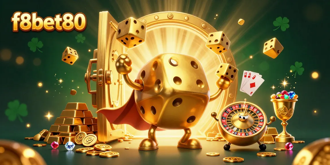 Engage with f8bet80's lively casino atmosphere, featuring a golden dice golem and rich symbols of luck.