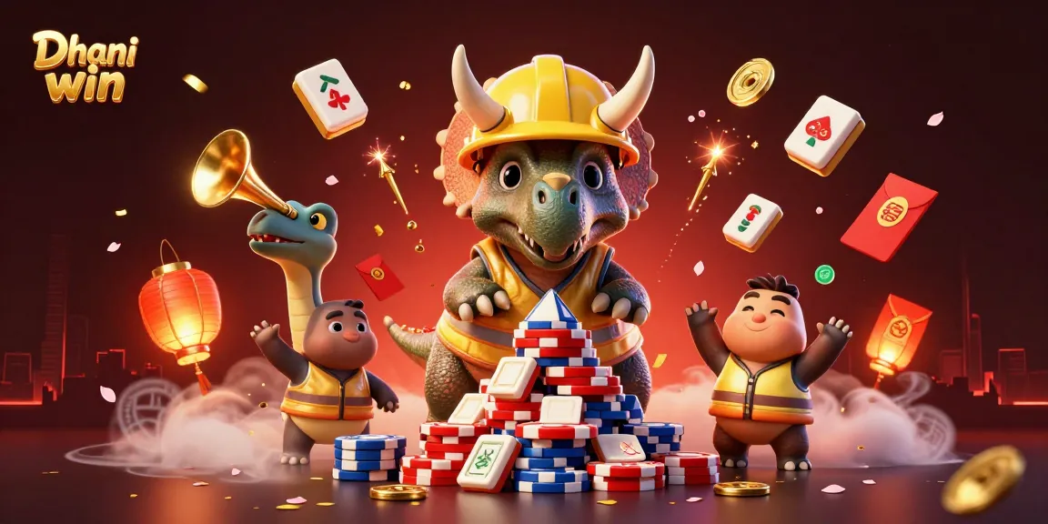 Dhani win celebrates winning gameplay with a triceratops and festive elements in a vibrant casino scene.