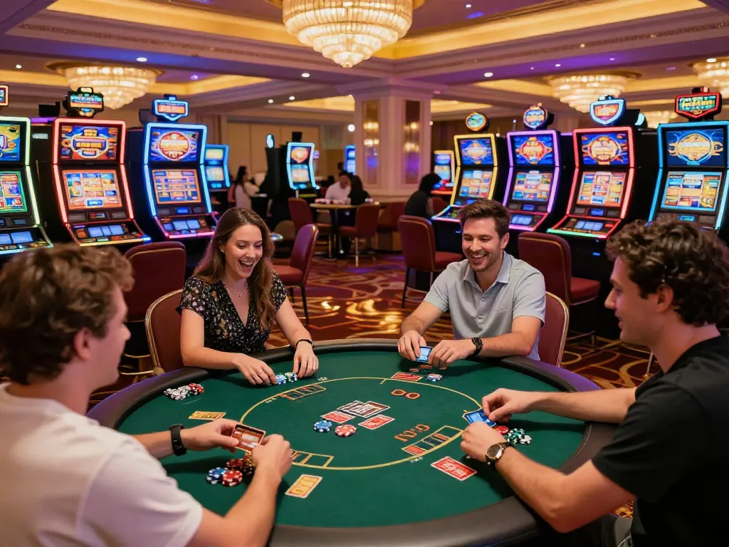 Exciting gaming environment at a credit card casino, with players enjoying slots and card games.