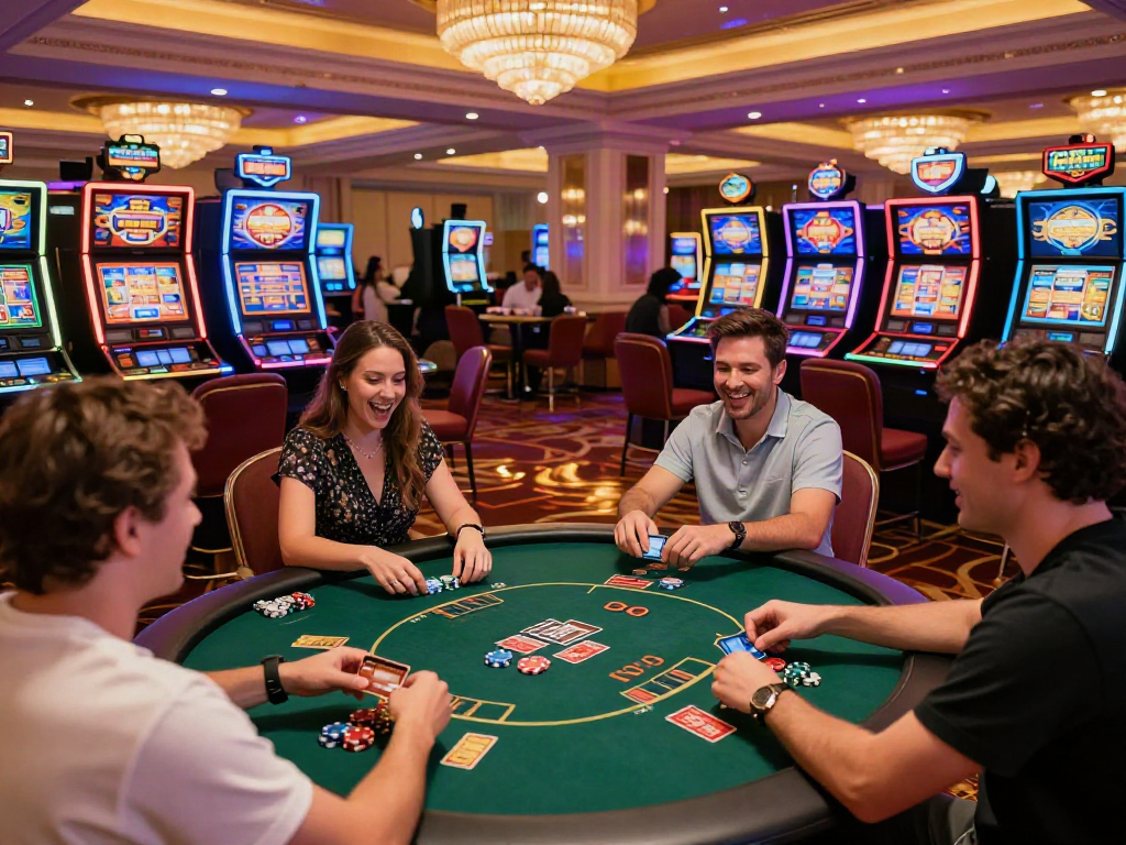 Exciting gaming environment at a credit card casino, with players enjoying slots and card games.