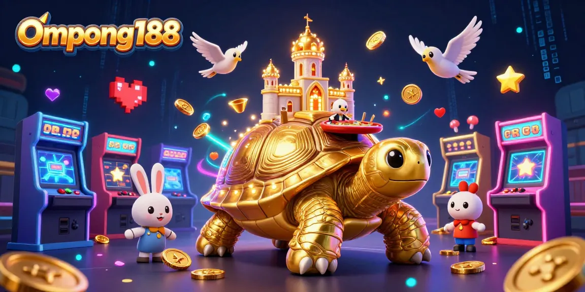 Gambarkan Ompong188 dengan kura-kura emas besar dan dealer kelinci di kasino mini, dikelilingi koin emas.