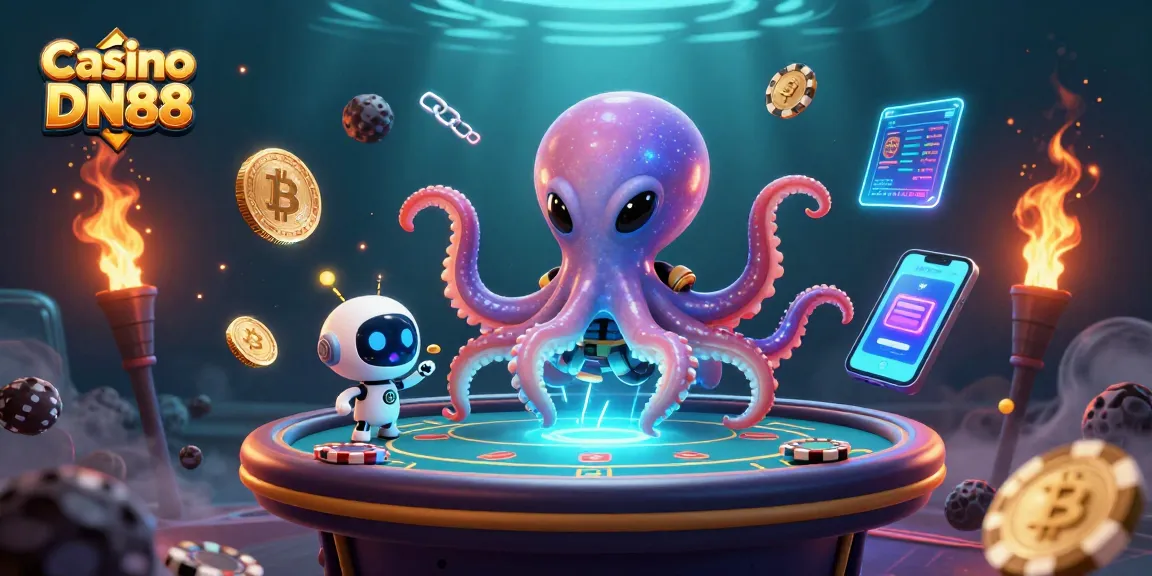 Join the excitement of Casino DN88 as a playful alien octopus spins holographic poker chips in space.