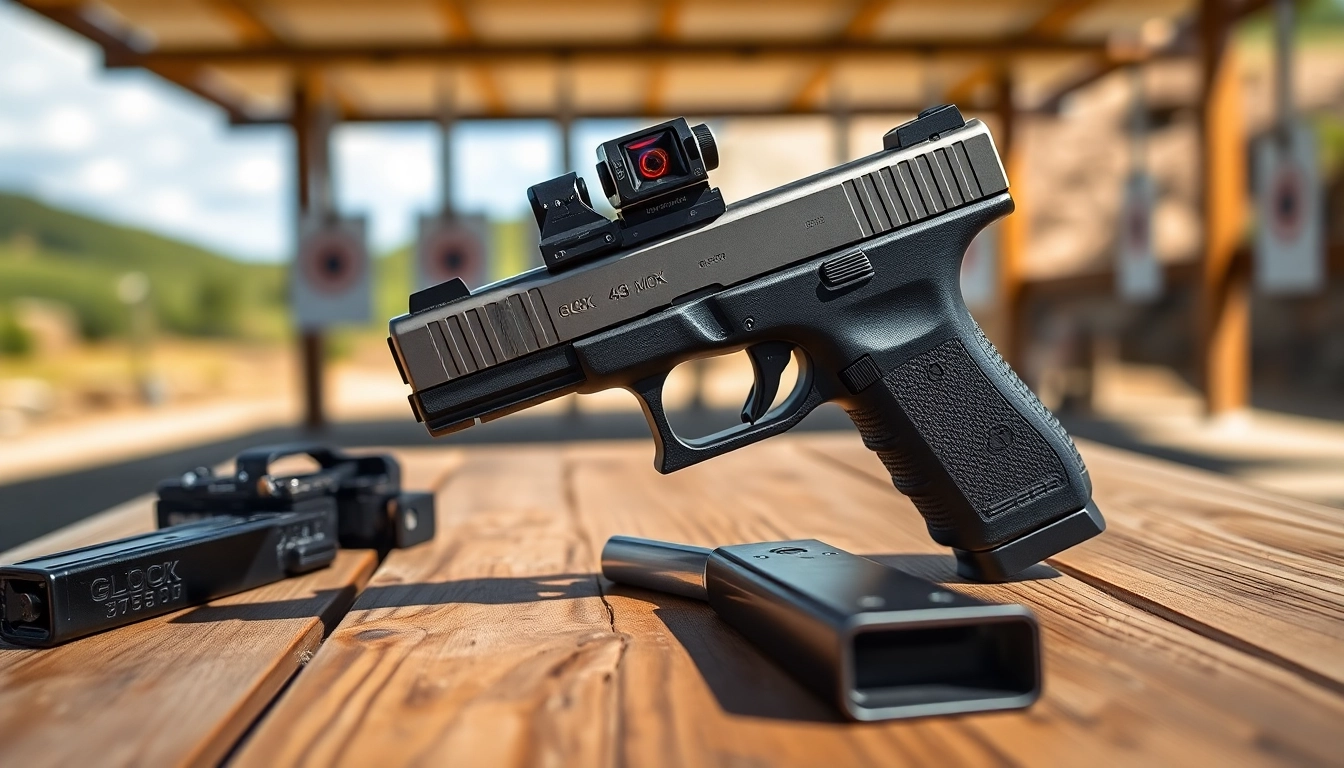 Showcasing a Glock 43X MOS with accessories on a shooting range table.