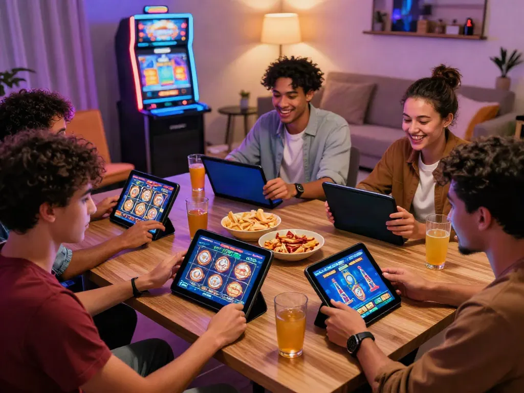 Friends enjoying slot online games on a tablet in a cozy living room.