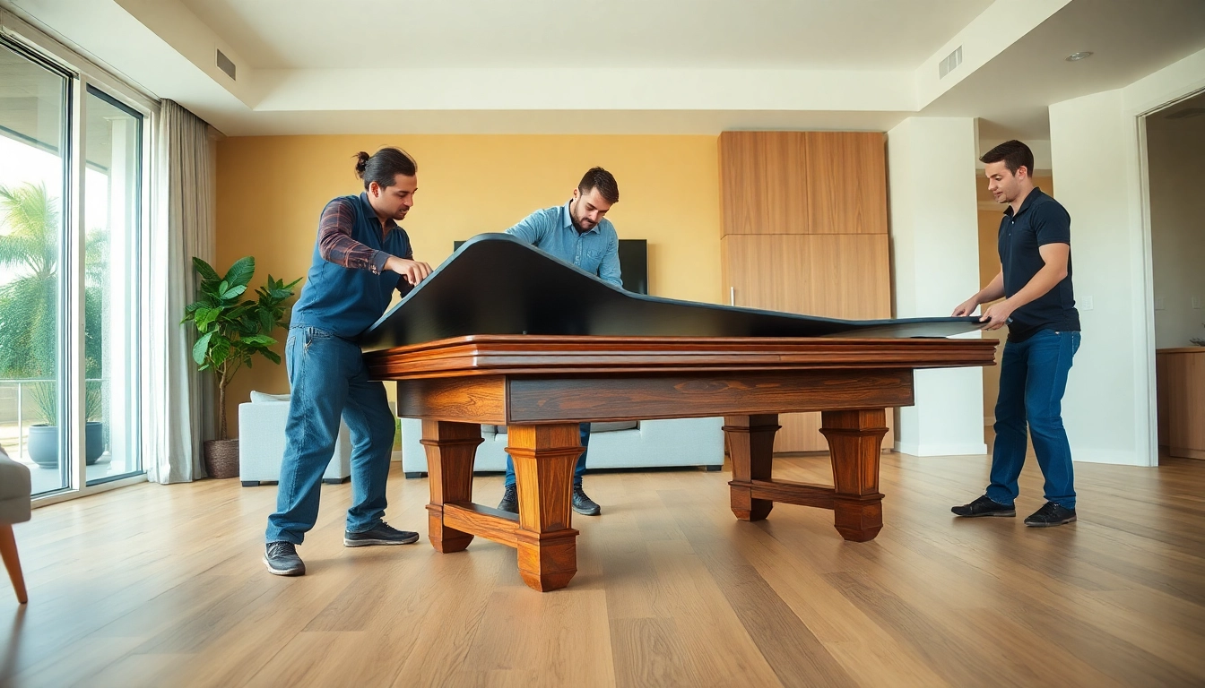 Game table movers services expertly disassembling a stylish pool table in a modern living room.