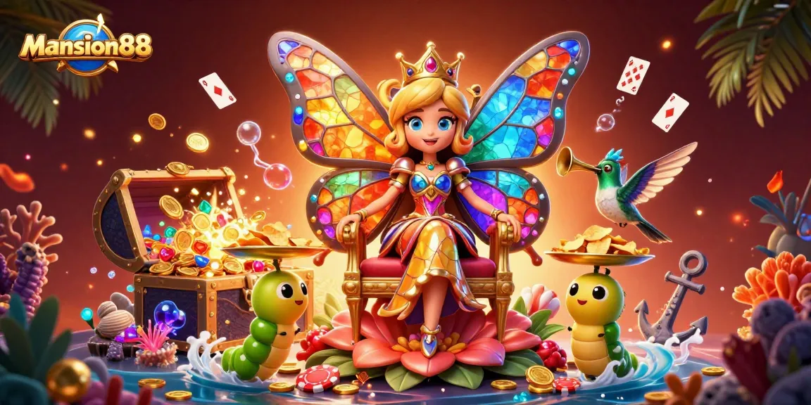 Mansion88 engages players in a vibrant casino world with a cartoon butterfly queen amidst colorful gaming elements.
