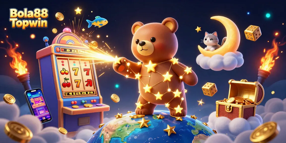 Bola88 Topwin showcases a dynamic 3D casino scene with cartoon characters collecting coins and slot machine excitement.