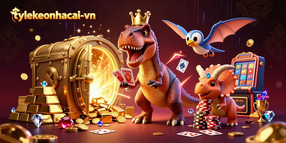 Engage in thrilling gameplay with tylekeonhacai-vn's colorful casino scene featuring a T-Rex and friends.