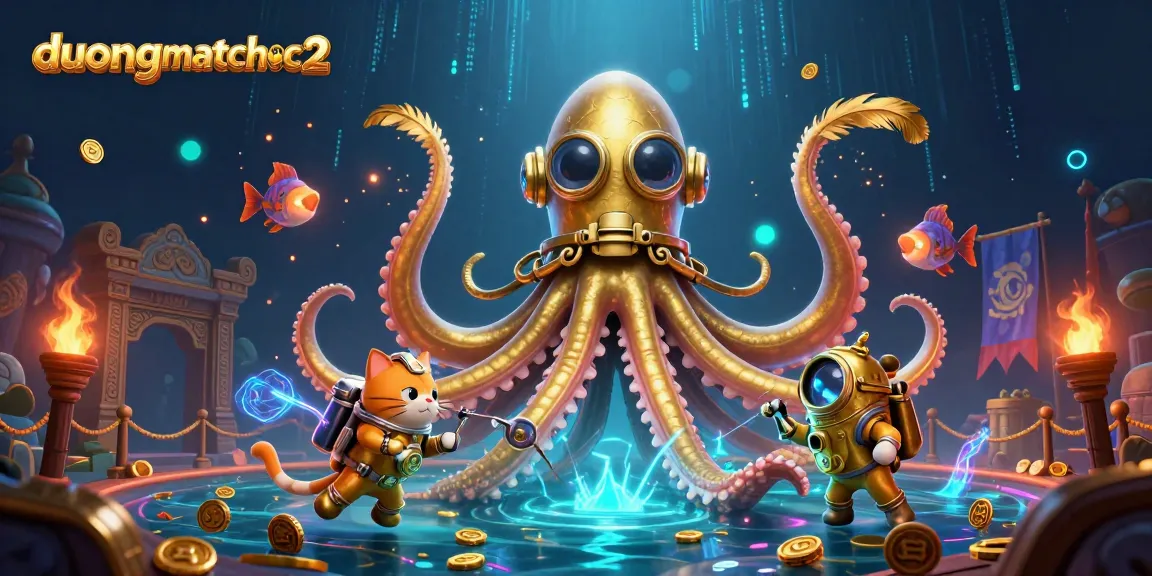 Experience the thrilling action of duongmatchuoc2 with a colossal kraken and diving cat in a vibrant underwater scene.