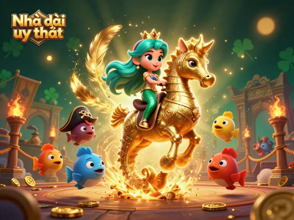 Bet on Nhà cái uy tín with a vibrant illustration featuring a mermaid princess and a giant seahorse.