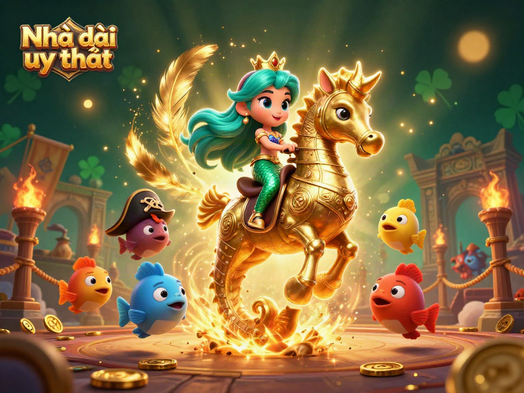 Bet on Nhà cái uy tín with a vibrant illustration featuring a mermaid princess and a giant seahorse.