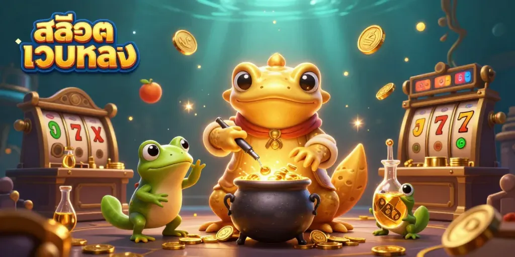 Experience the thrill of สล็อตเว็บตรง with a vibrant 3D illustration depicting a captivating casino scene.