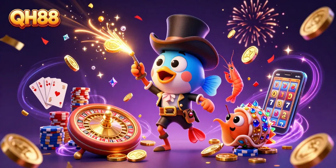 Experience exciting gameplay with QH88's anglerfish and treasure in a lively casino scene.