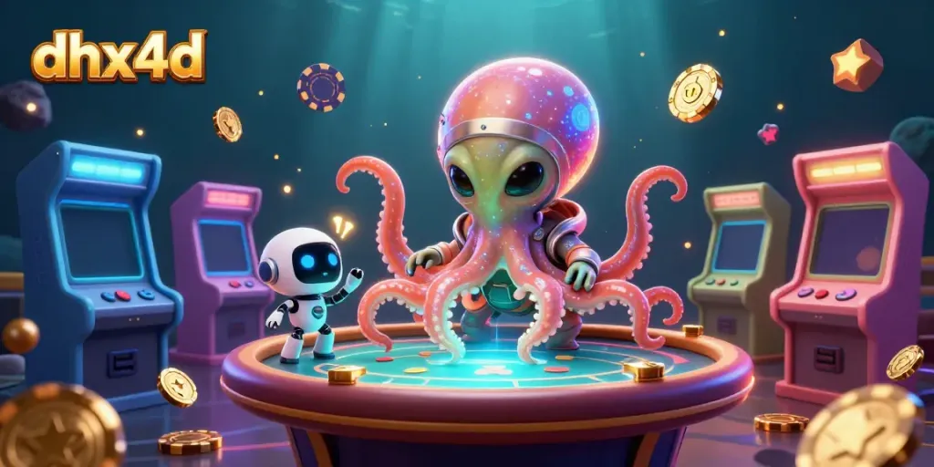 Bermain poker di luar angkasa dengan dhx4d menggunakan desain alien unik dan tabel holografik yang cemerlang.
