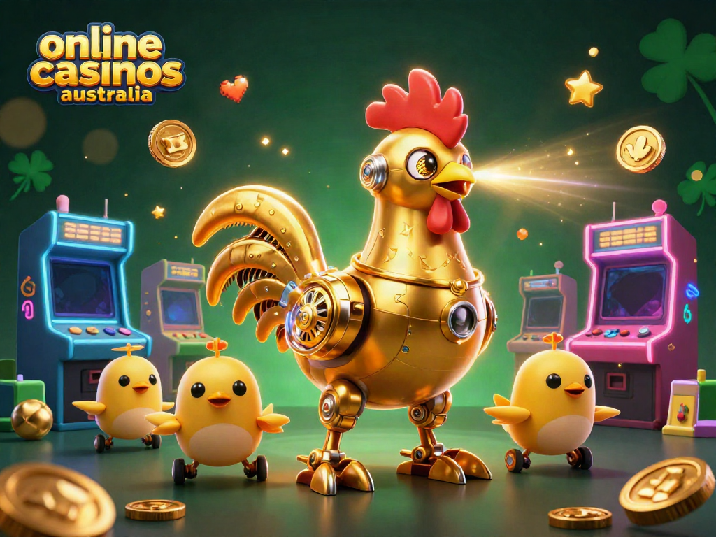 Experience online casinos Australia with a vibrant golden rooster robot and chick drones in a retro gaming scene.