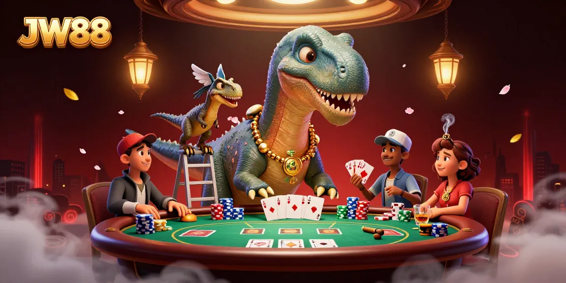 Engage with JW88's immersive casino experience featuring dynamic characters amid vibrant poker action.