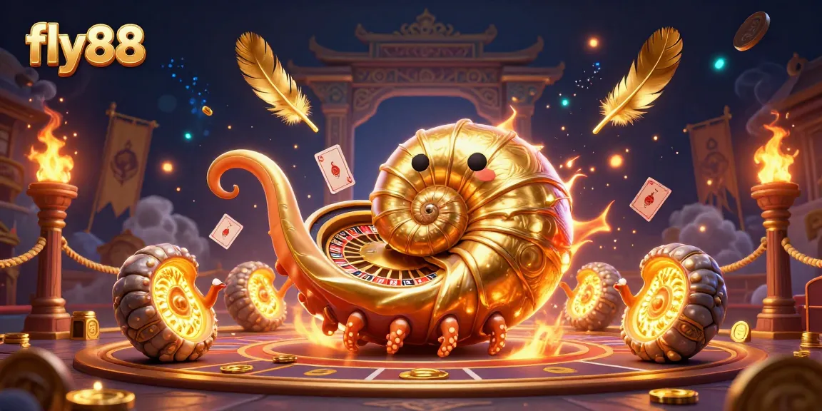 Experience the thrill of winning at fly88 casino, featuring a giant nautilus roulette wheel and glowing ammonite friends.