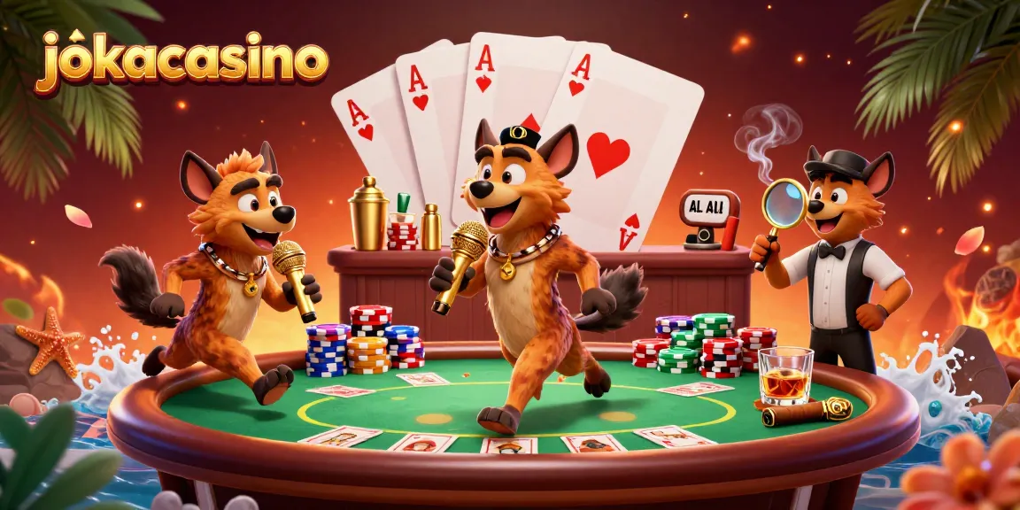Experience the excitement of jokacasino with a lively 3D hyena comedy club ambiance, showcasing poker games.