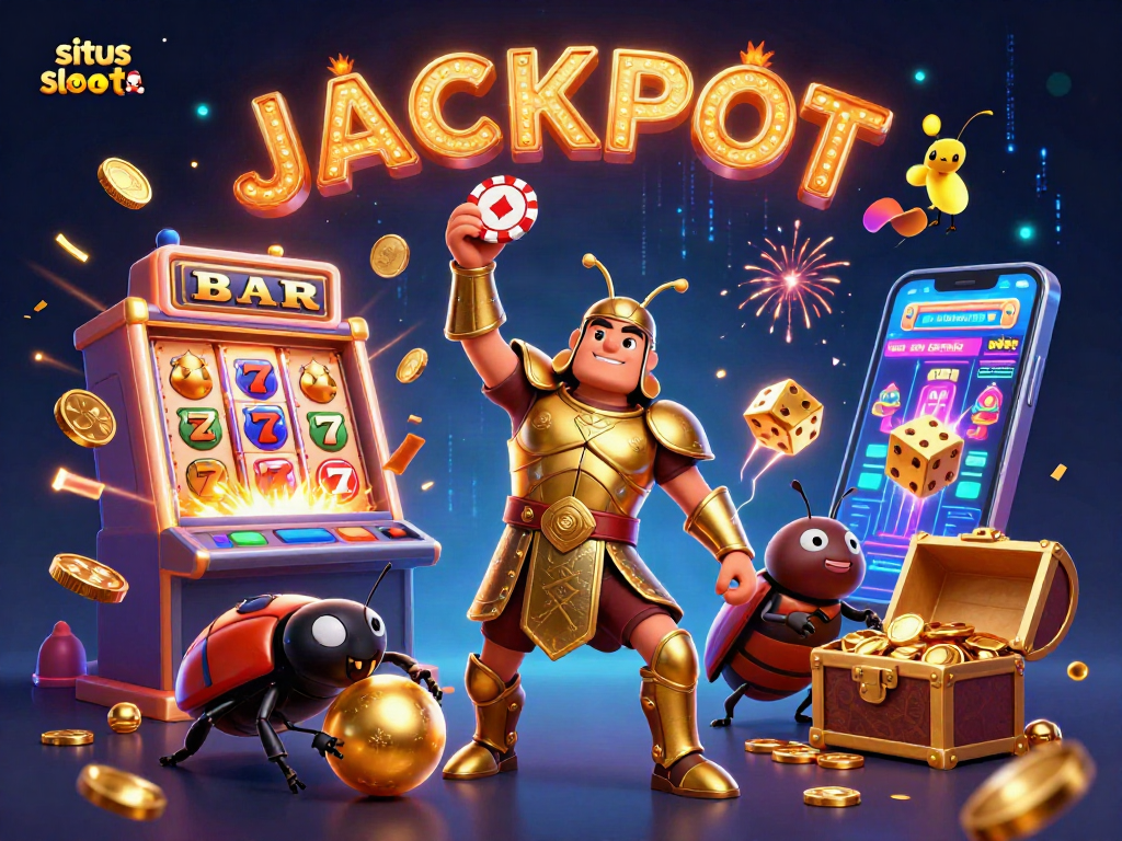 Engage with situs slot through vibrant 3D casino illustration showcasing Jackpot celebration.