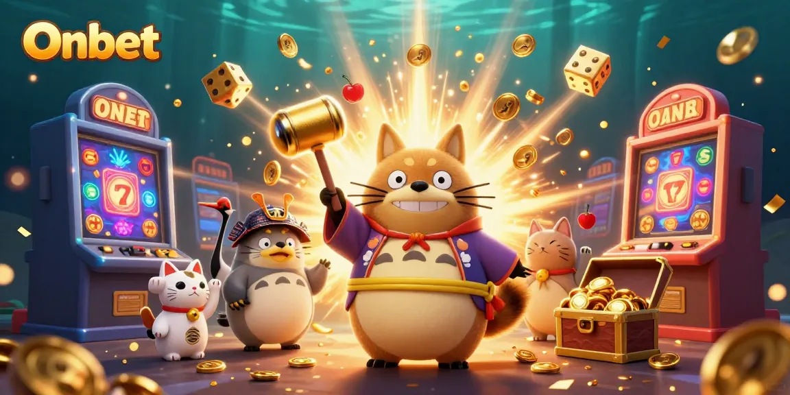Experience thrilling wins with Onbet in a vibrant 3D casino party featuring animated characters and jackpots.