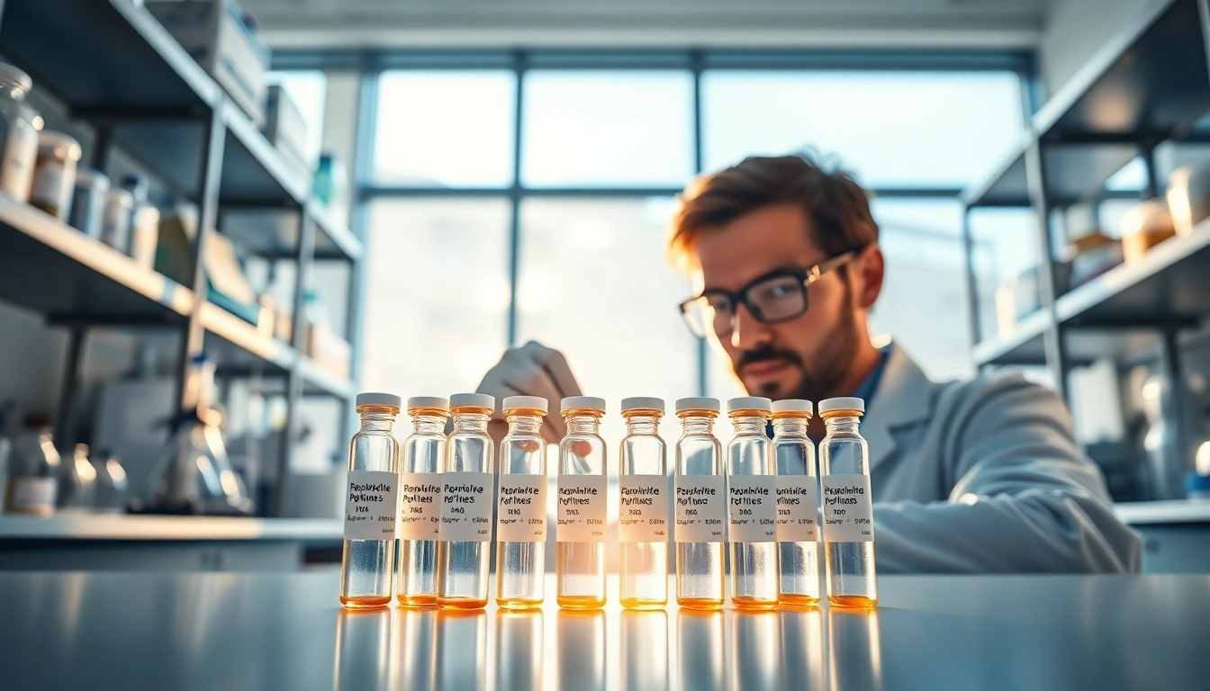 Buy melanotan 1, scientist studying peptide vials in a high-tech lab setting.