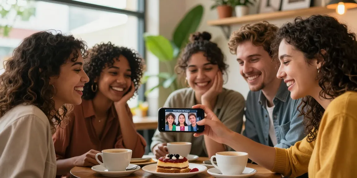 Friends analyzing their ages with an app to see how old do I look in a cozy cafe